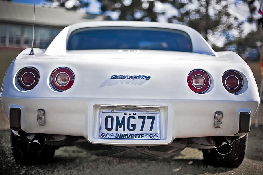 white Corvette car, racing car, back light, tail light, rear light, HD wallpaper