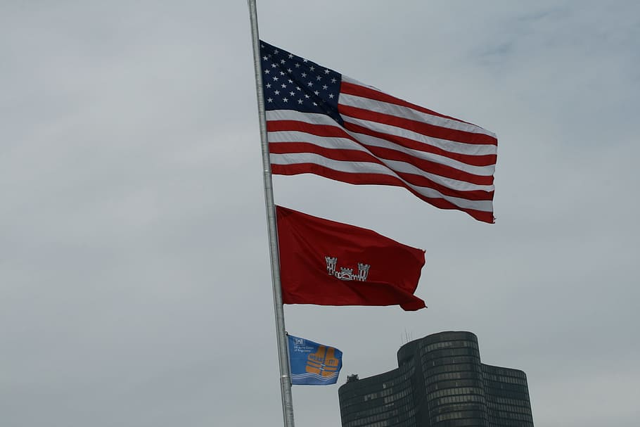 flag, usa, sky, patriotism, wind, low angle view, striped, environment HD wallpaper