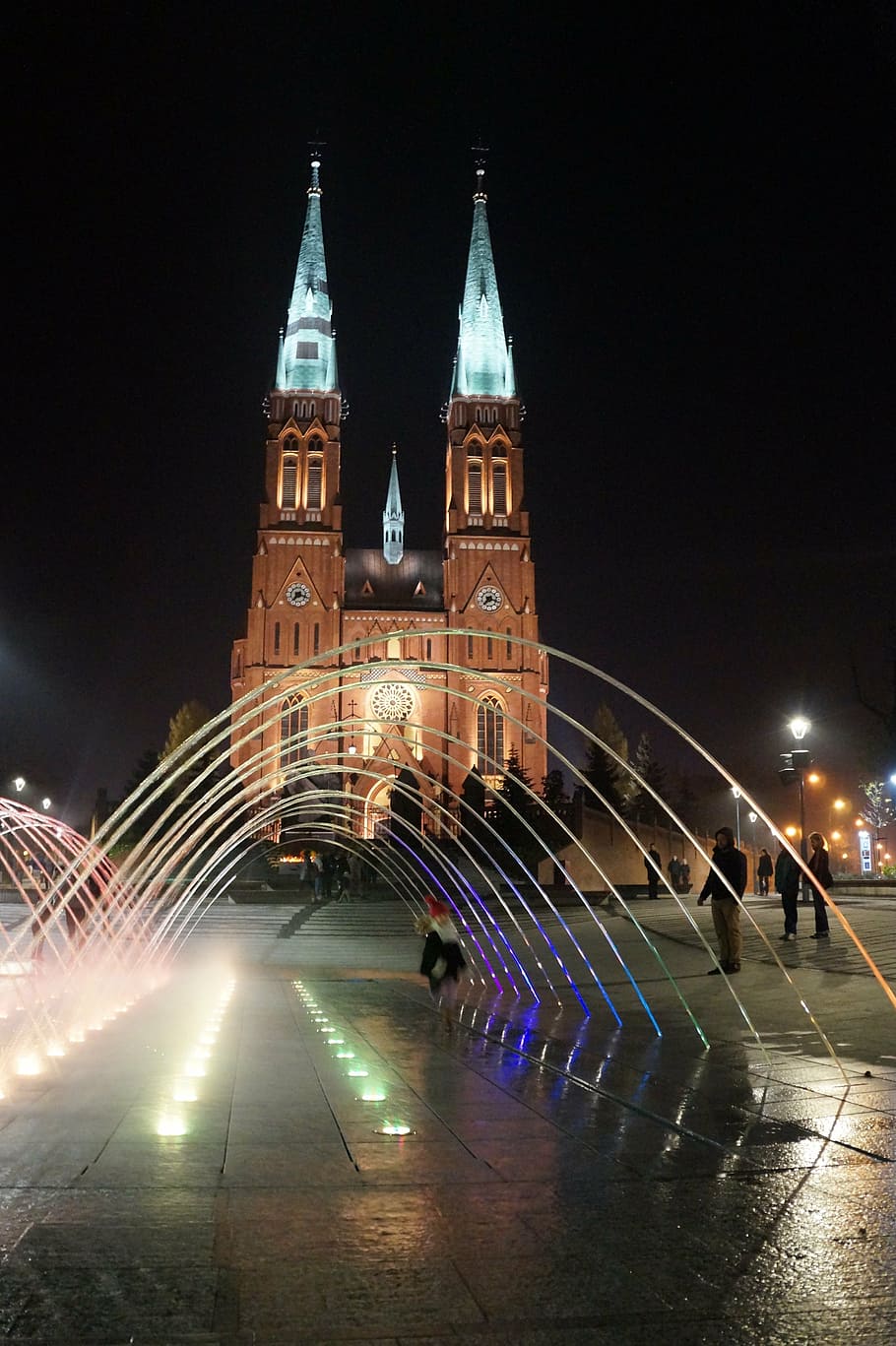 fountain, water, illuminated, basilica, church, rybnik, night