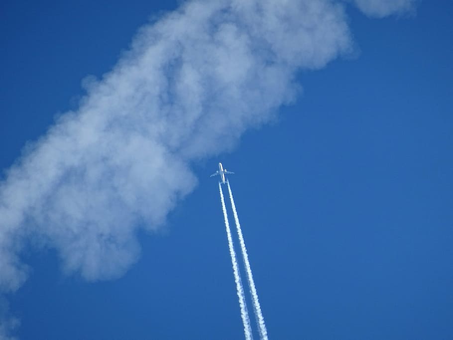 aircraft, clouds, contrail, sky, blue, clear air, atmosphere HD wallpaper