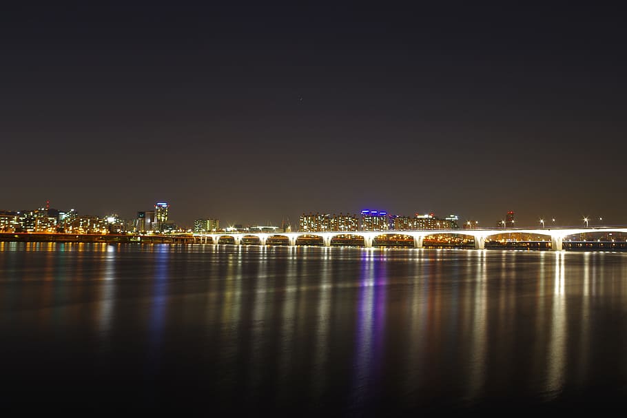 Han River, Night View, Night Photography, seoul, bridge, illuminated, HD wallpaper