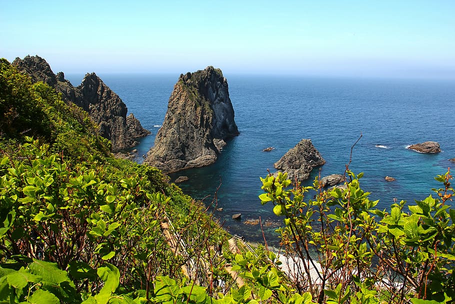ocean, sea, blue, beach, rock, hokkaido, japan, nature, cliff HD wallpaper