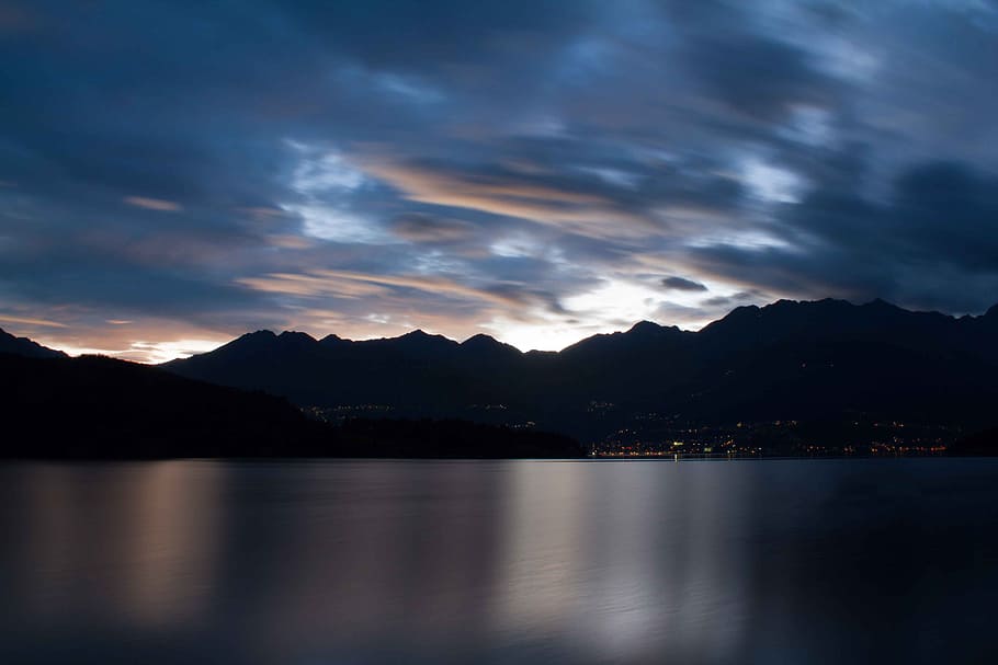 lake, clouds, sunset, water, mountains, sky, reflection, cloud - sky HD wallpaper