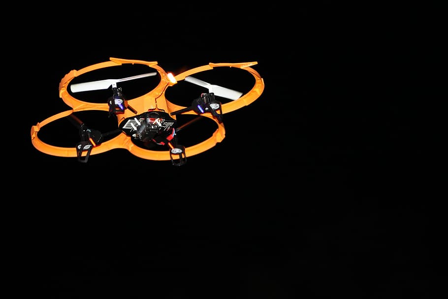 orange and black quadcopter video drone, flight, at night, fly HD wallpaper