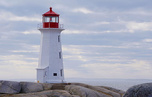 white and red lighthouse near in sea, nova scotia, canada, ocean HD wallpaper