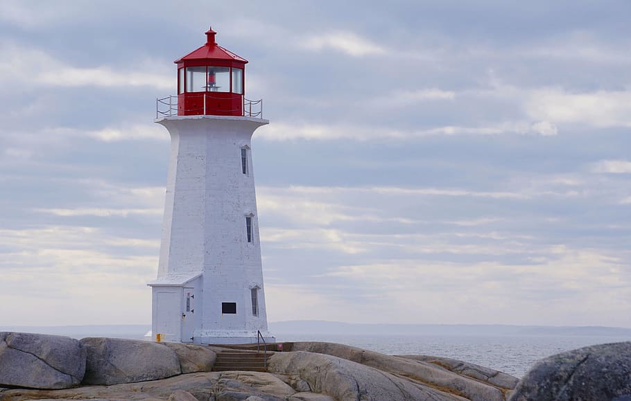 white and red lighthouse near in sea, nova scotia, canada, ocean HD wallpaper