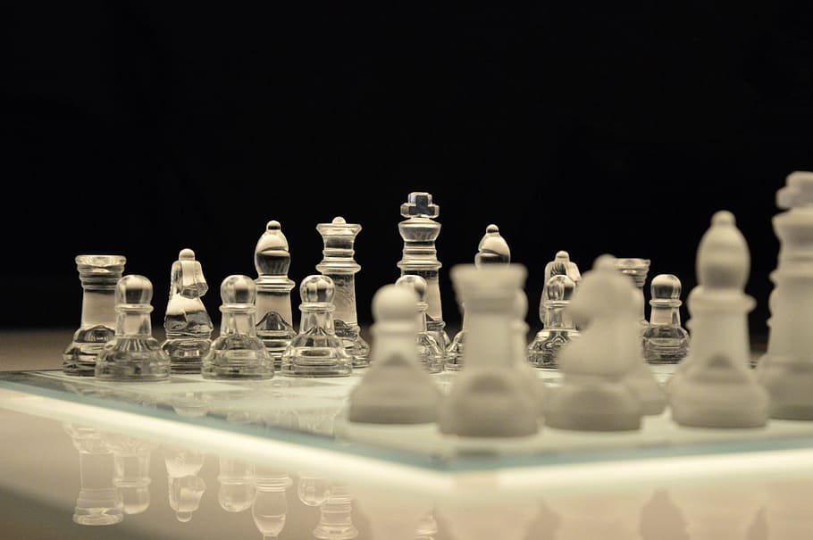 clear glass chess board and piece, game, chessboard, planning, HD wallpaper