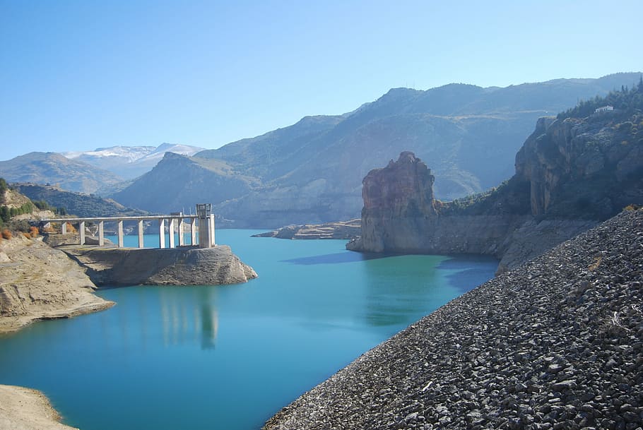 Water, Marsh, Nature, Spain, Lake, landscape, dam, hydroelectric Power Station HD wallpaper