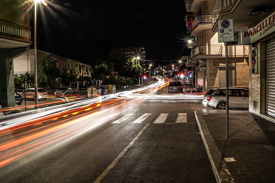 Road, Lights, Long Exposure, Night, italy, holiday, vieste HD wallpaper