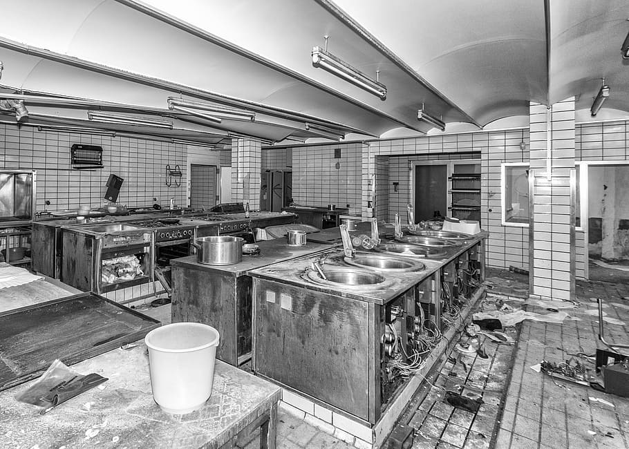kitchen, large kitchen, scruffy, leave, indoors, food and drink establishment HD wallpaper