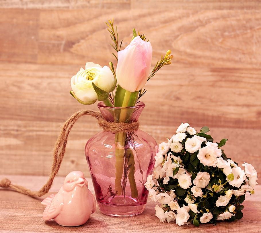 pink and white petaled flower with pink tinted glass vase near white ceramic bird figurine HD wallpaper