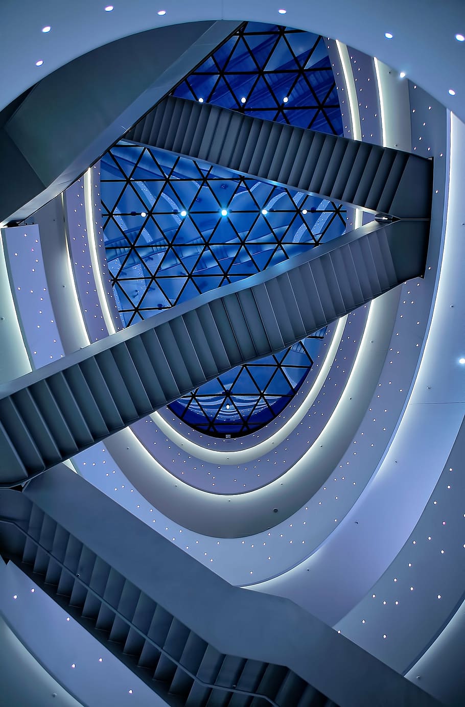 gray and black stairs, architecture, blue, building, infrastructure HD wallpaper