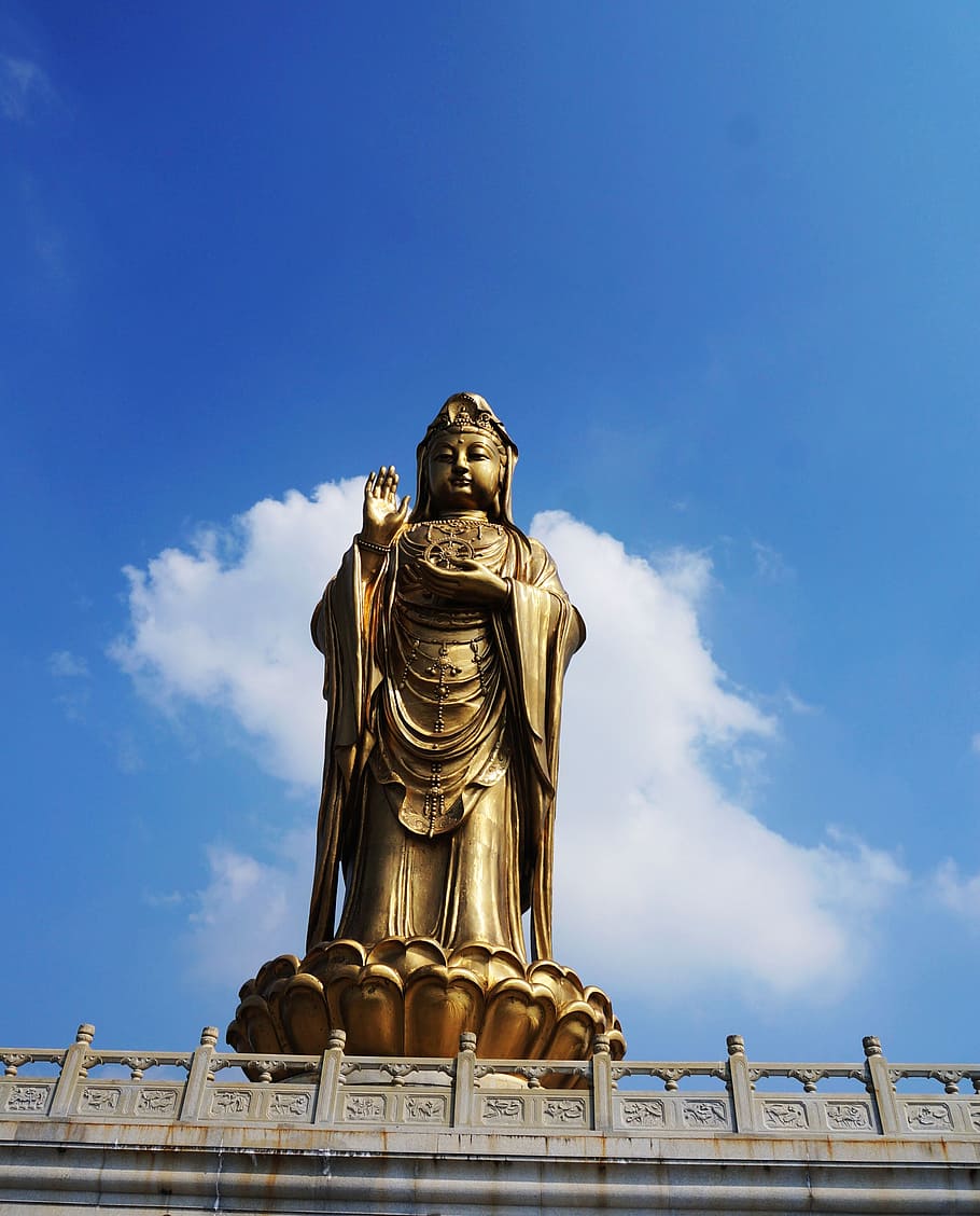 guanyin, putuo, blue sky, sculpture, statue, human representation HD wallpaper