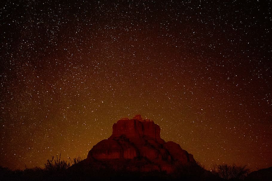 nebula over rock formation, nature, mountain, cliff, sky, stars HD wallpaper