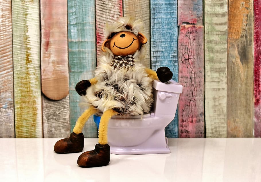brown animal plush toy sitting on purple flush toiler, toilet