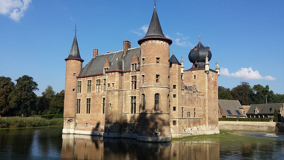 Castle, Cleydael, Aartselaar, architecture, reflection, water HD wallpaper