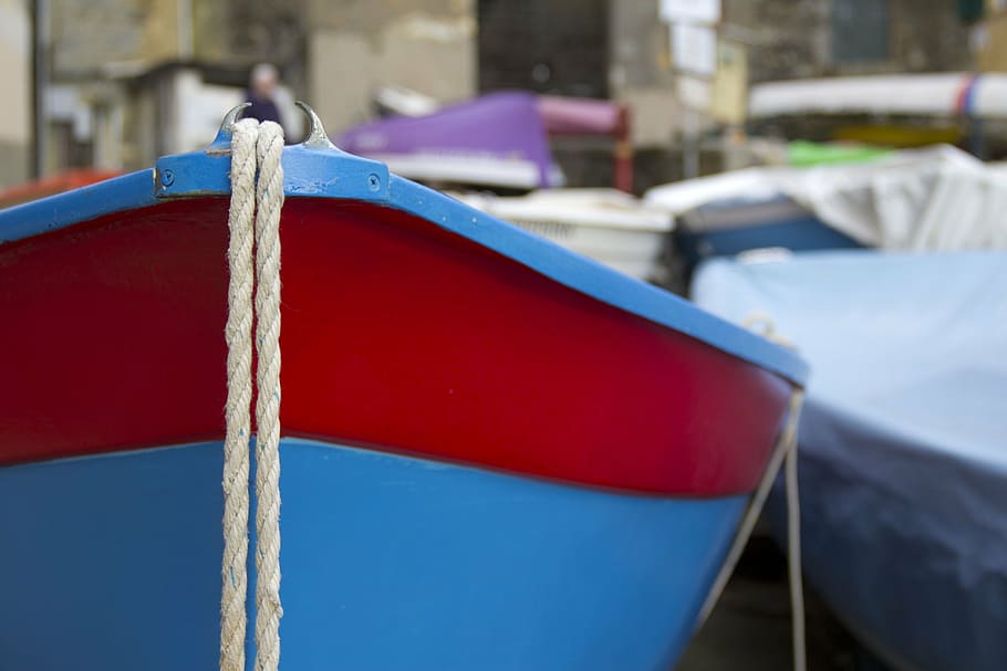 boat, genova, italy, sea, anchor, ship, red, blue, nautical vessel