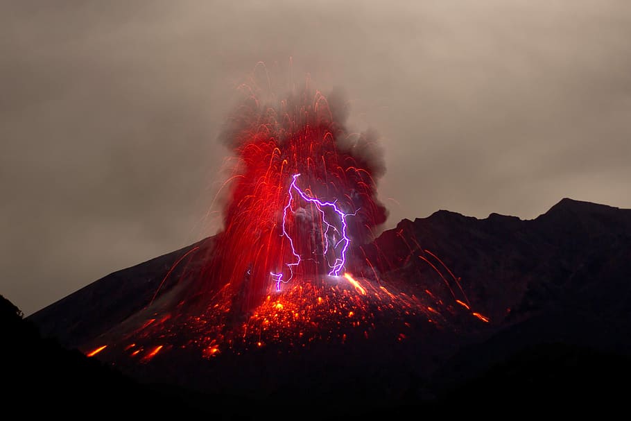 eruption of volcano, volcanic eruption, storm, lightning, night HD wallpaper
