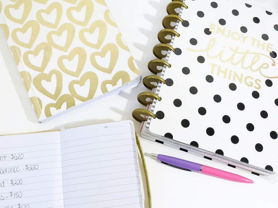 purple and pink click pen on white surface, hearts, planner HD wallpaper