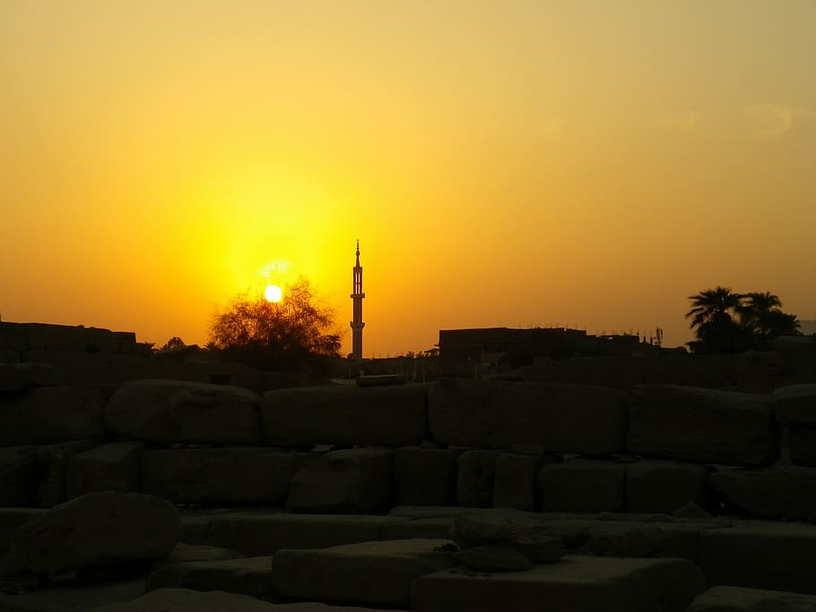 sunset, egypt, ruins, sky, orange color, architecture, built structure HD wallpaper