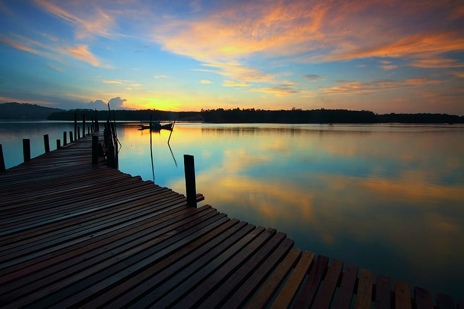 dawn, dock, dusk, evening, horizon, island, jetty, lake, landscape HD wallpaper