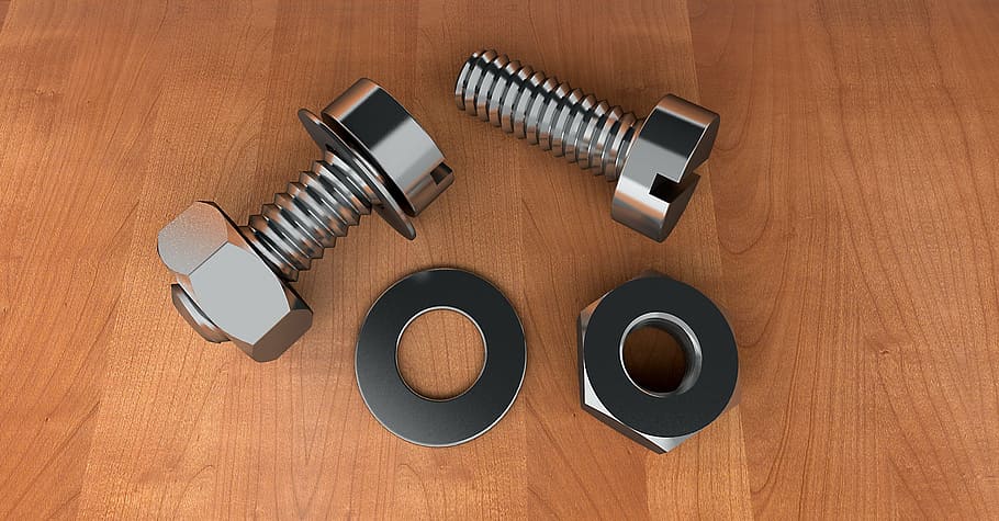 two silver bolts and two washers on brown wooden surface, screw HD wallpaper