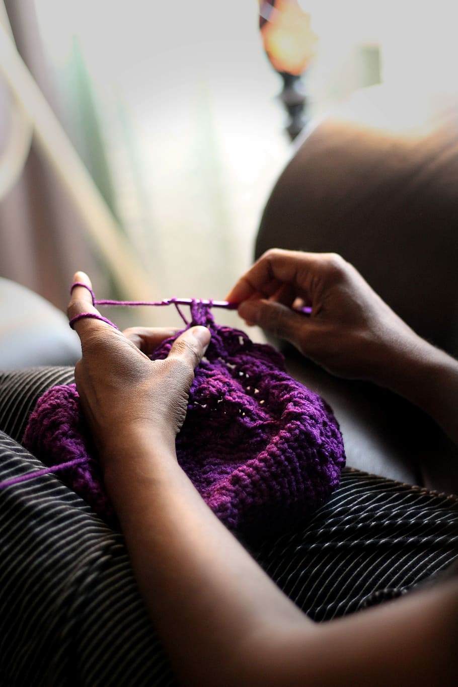 woman sewing purple textile, person doing knitted textile, knitting HD wallpaper