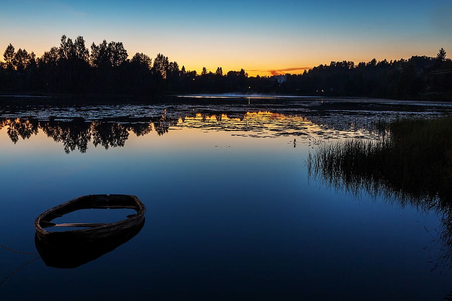 boat on body of water during golden hour, reflection, lake HD wallpaper