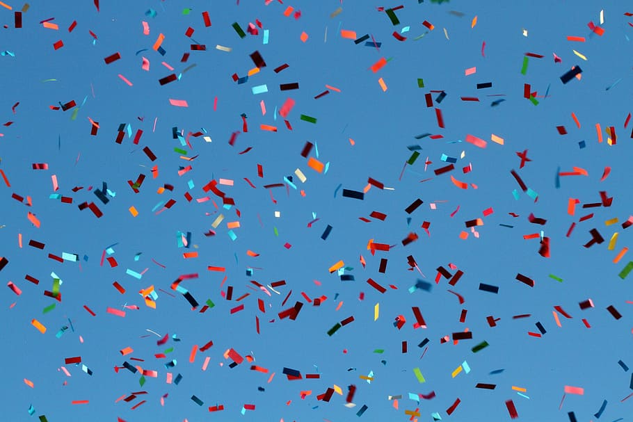 confetti on mid air, carnival, fly, sky, flying, bird, blue HD wallpaper