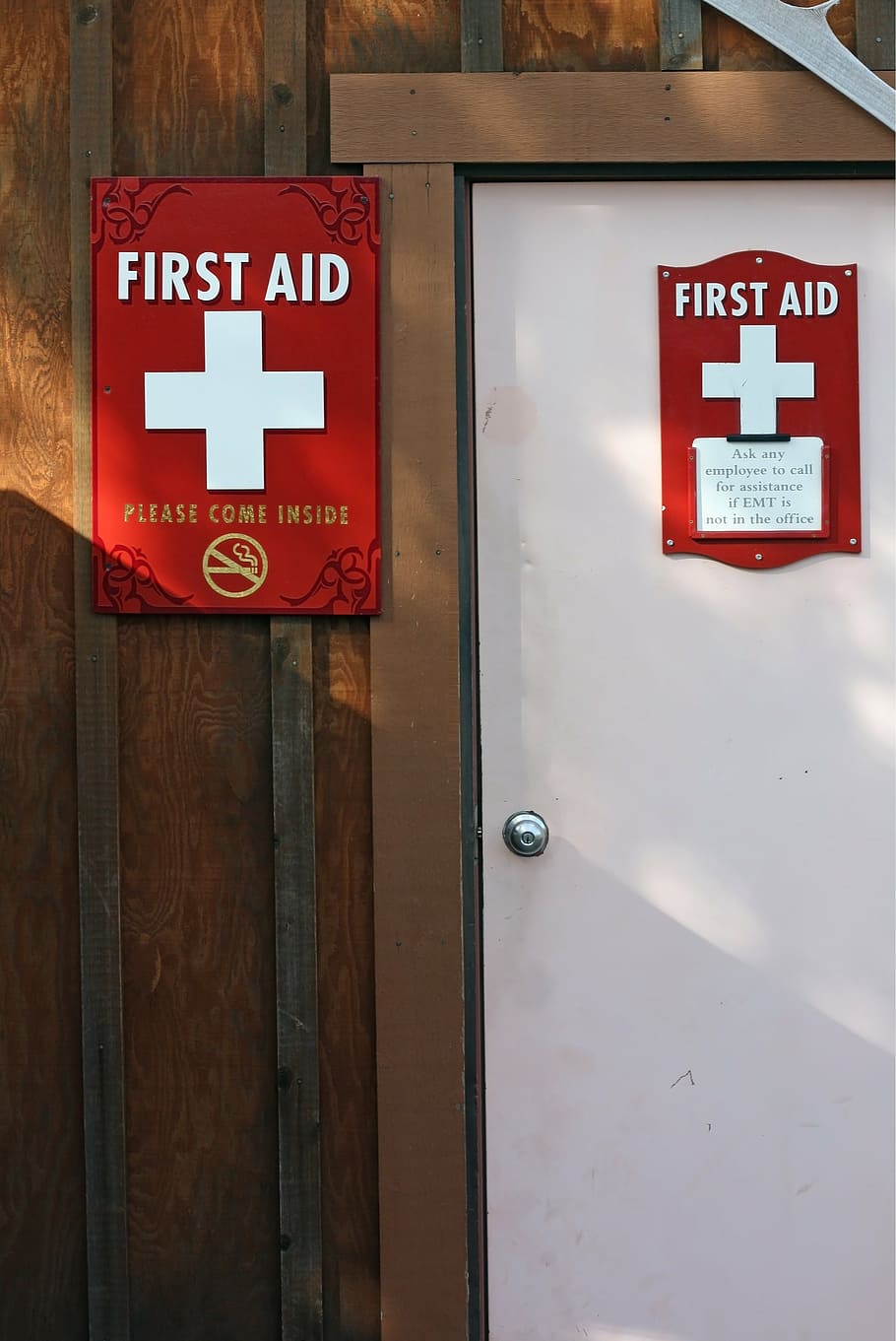 First Aid signage on door, station, medical, emergency, safety