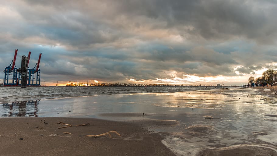 waters, sea, beach, sand, sky, elbe, hamburg, elbe beach, north HD wallpaper