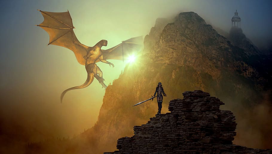 woman standing in rocky terrain, fantasy, dragons, mountain, light, HD wallpaper
