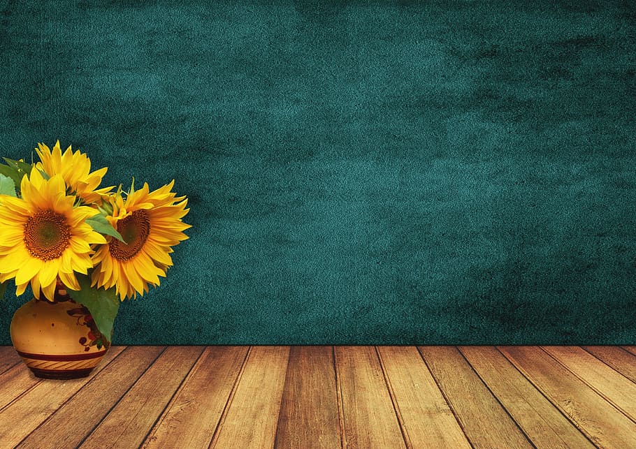 HD wallpaper: sunflowers in vase near green wall, space, wood ...