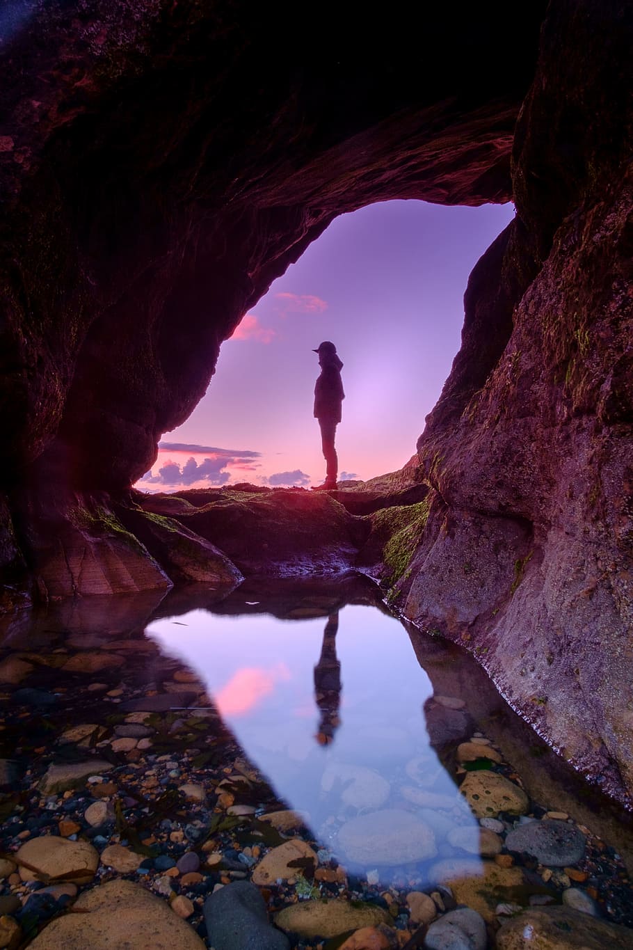 man standing in front of cave, person standing near cave, Woman, HD wallpaper
