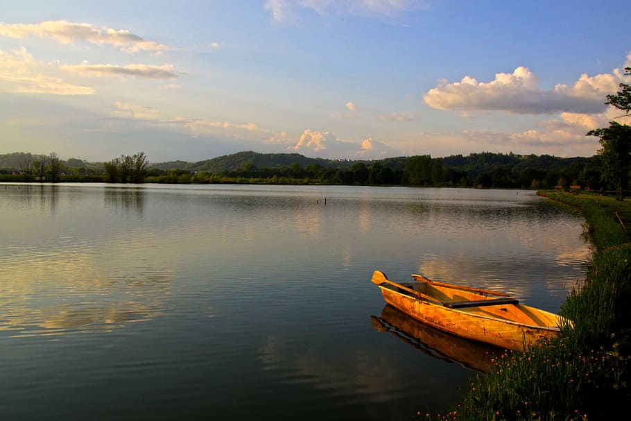 orange row boat over body of water, boot, lake, fish, landscape HD wallpaper