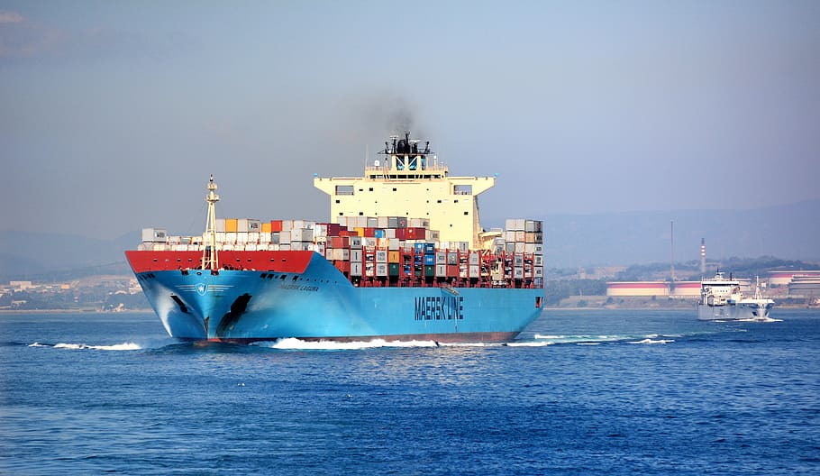 blue cargo ship, door containers, boat, maritime transport, logistics