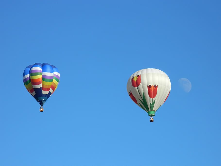 two white and blue hot air balloons in sky at daytime, ride, summer