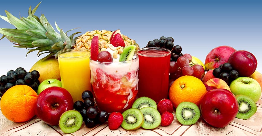assorted fruits, juices, vegetables, vitamin c, food and drink