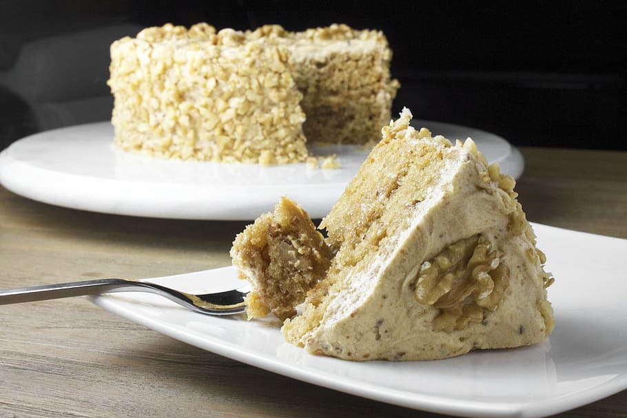 sliced cake on ceramic plate, maple, walnut, sweet, dessert HD wallpaper