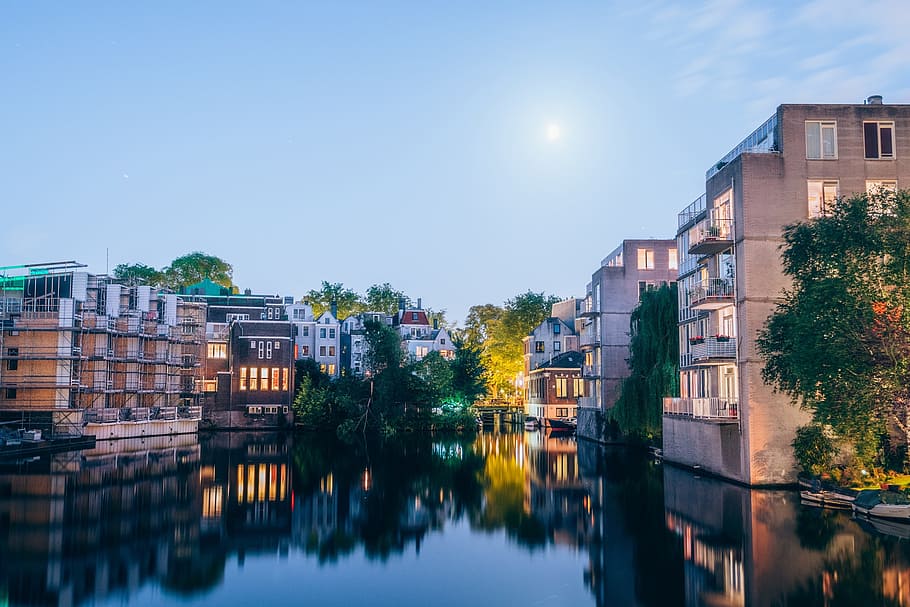 architecture, building, infrastructure, sky, canal, water, reflection HD wallpaper
