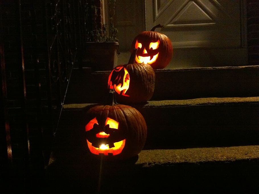 three Jack O' Lantern on staircase, pumpkins, halloween, autumn HD wallpaper