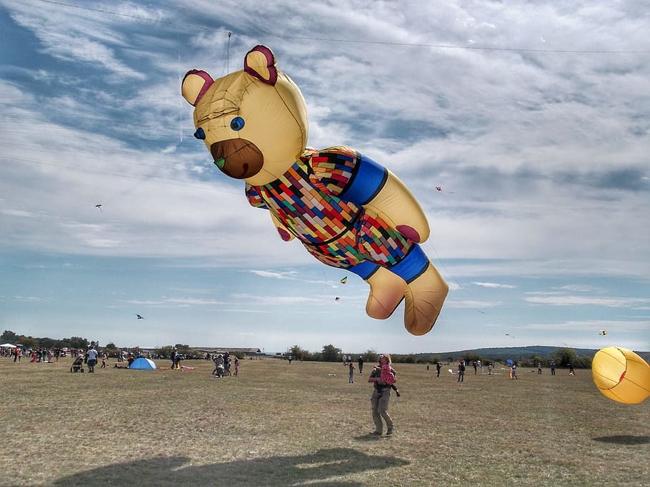 dragon, kite flying, meadow, sky, cloud - sky, mid-air, group of people HD wallpaper