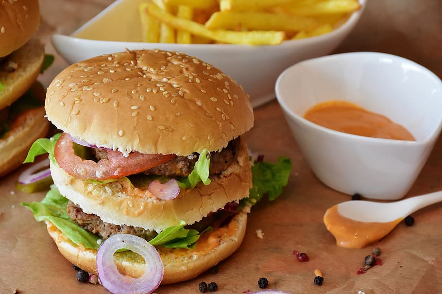 double hamburger sandwich beside a bowl of mustard, roll, barbecue HD wallpaper