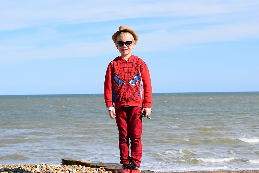 boy, kid, spider man, beach, sea, sky, clouds, red, outdoors HD wallpaper
