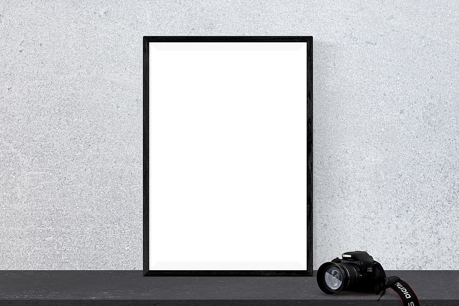 black DSLR camera, poster, mockup, frame, presentation, desk