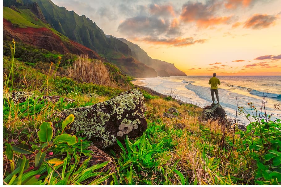 man standing atop of a rock looking at the sea, hawaii, pacific ocean