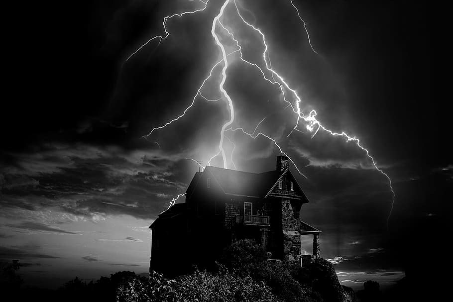 lightning striking house, weather, flash, home, solitary, storm, HD wallpaper