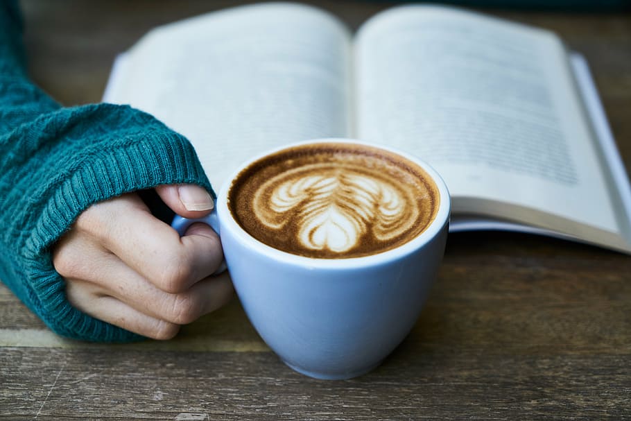 blue ceramic cup with cafe latte, coffee, drink, caffeine, breakfast HD wallpaper