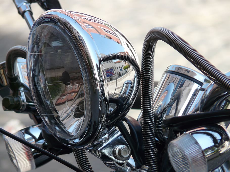 spotlight, motorcycle, chrome, lamp, technology, close-up, reflection HD wallpaper