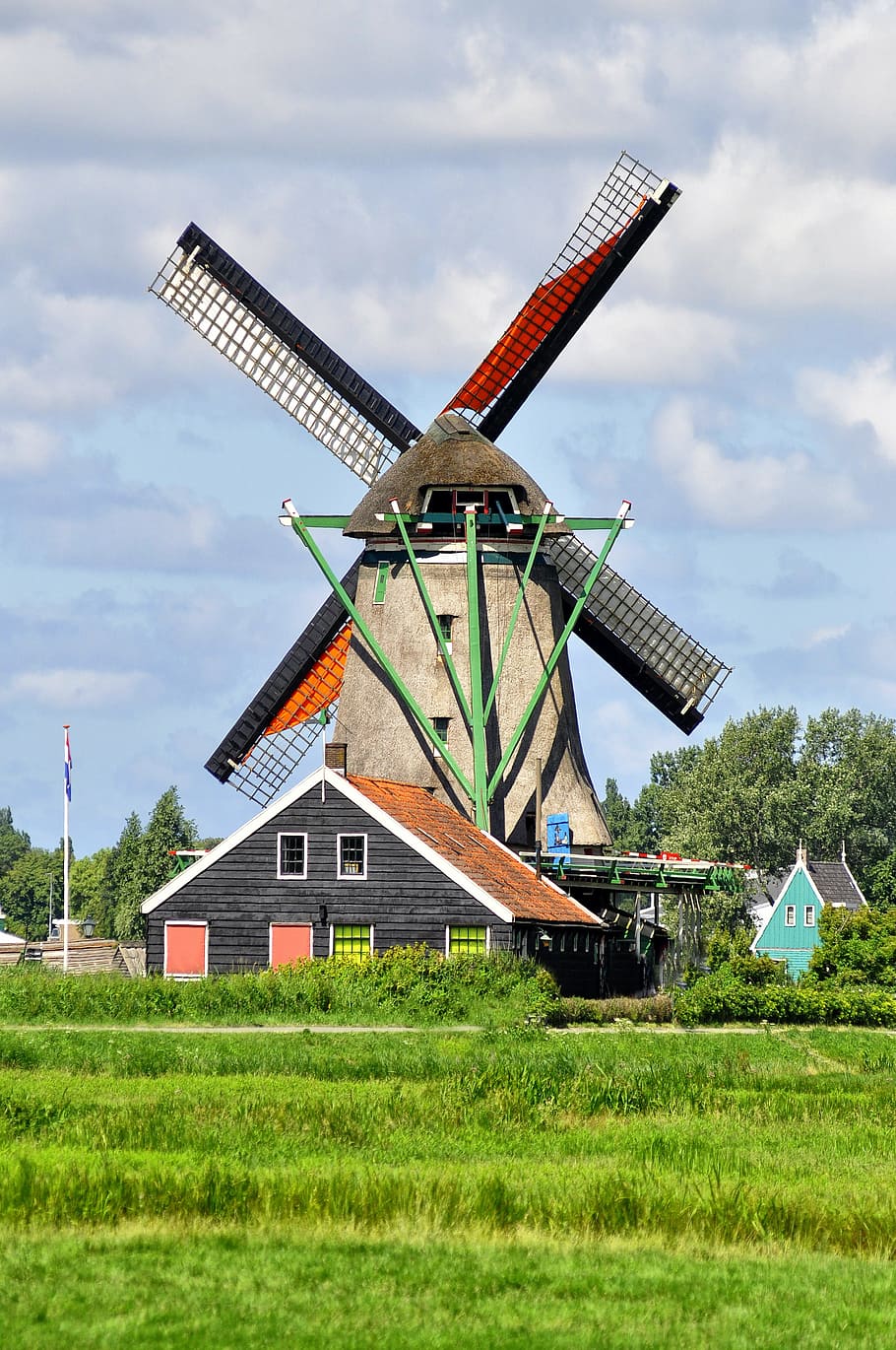 holland, windmill, zaanse schans, wind turbine, wind power, HD wallpaper